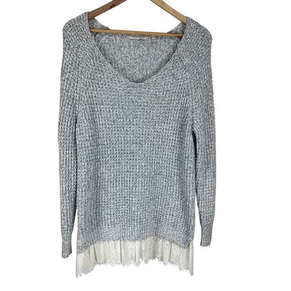 Soft Surroundings Soft Spoken Knit Sweater Gray Lace Trim V-Neck Size S EUC - Picture 1 of 8